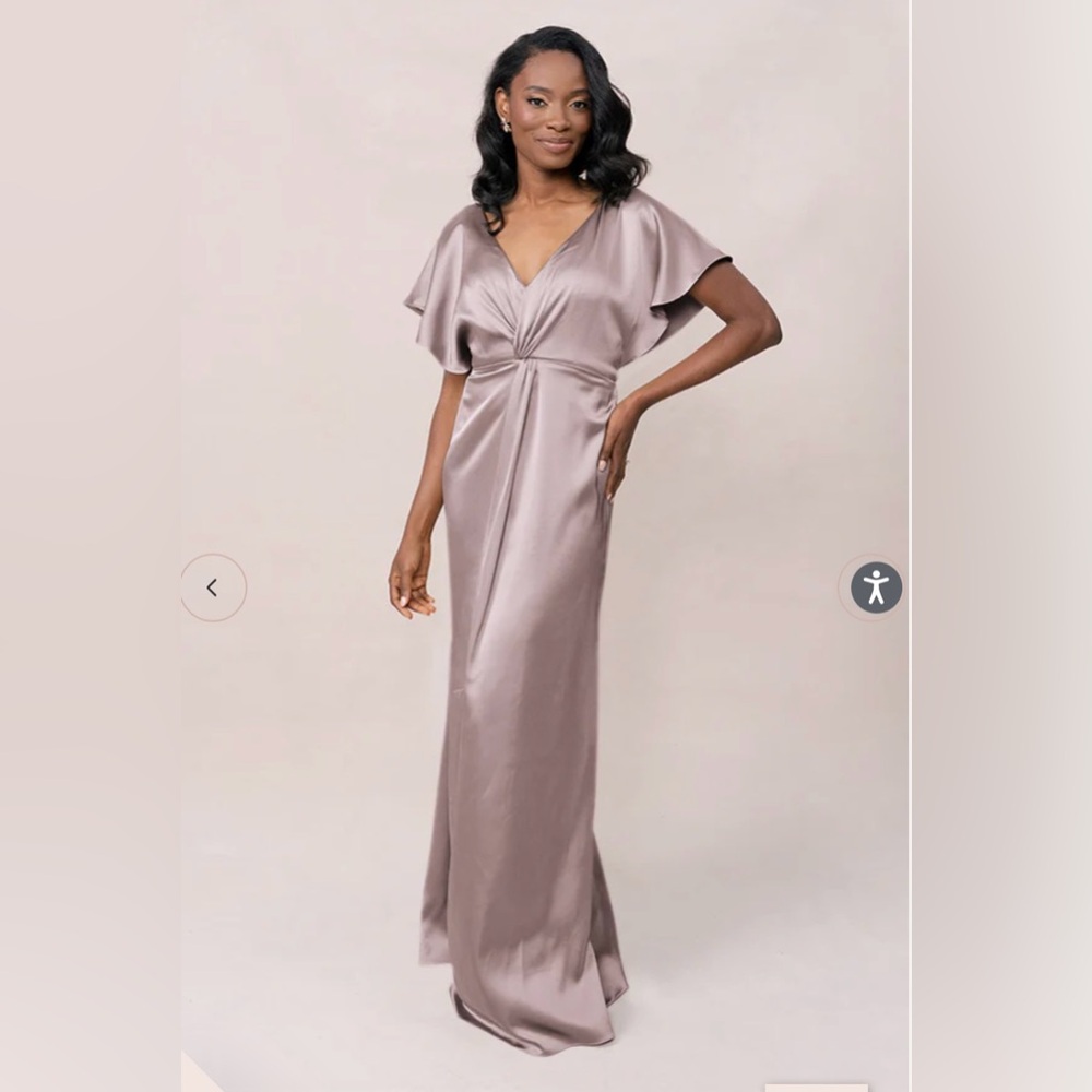 Revelry Taupe Flutter Sleeve Dress - GWEN SATIN DRESS